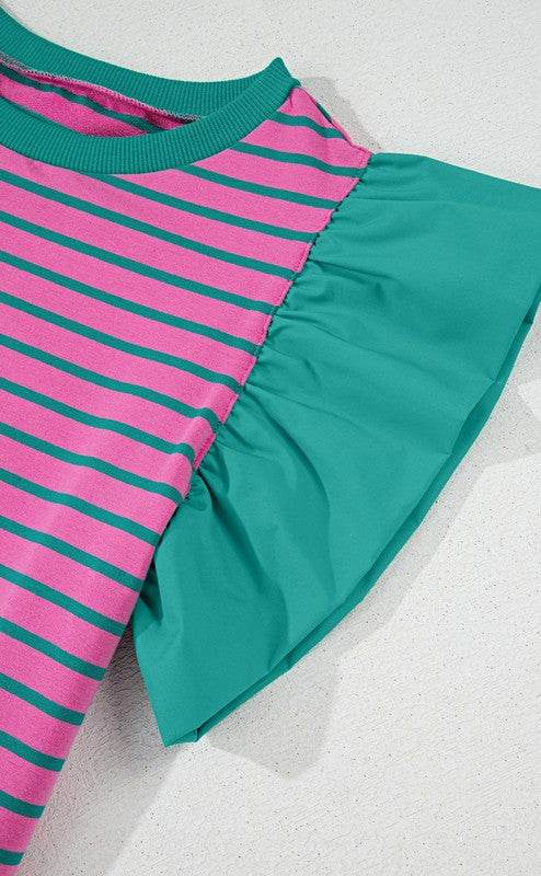 Pink Stripe Colorblock Ruffled  Cotton Blouse Top
