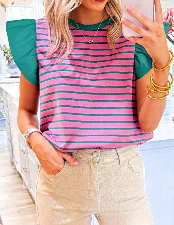 Pink Stripe Colorblock Ruffled  Cotton Blouse Top