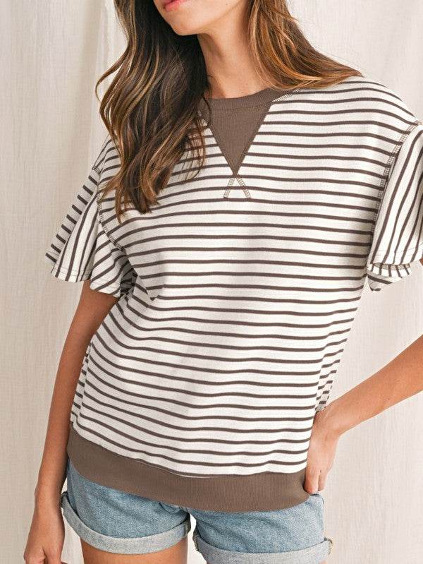Striped Ruffle Sleeve Round Neck Cotton Top