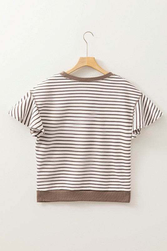 Striped Ruffle Sleeve Round Neck Cotton Top