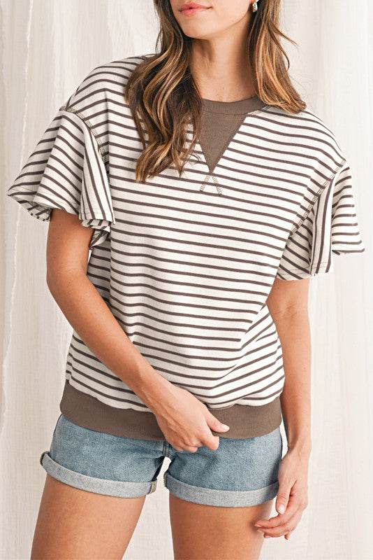 Striped Ruffle Sleeve Round Neck Cotton Top