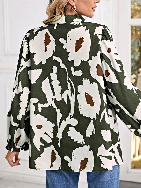60s Flower Frill Neck Loose Blouse