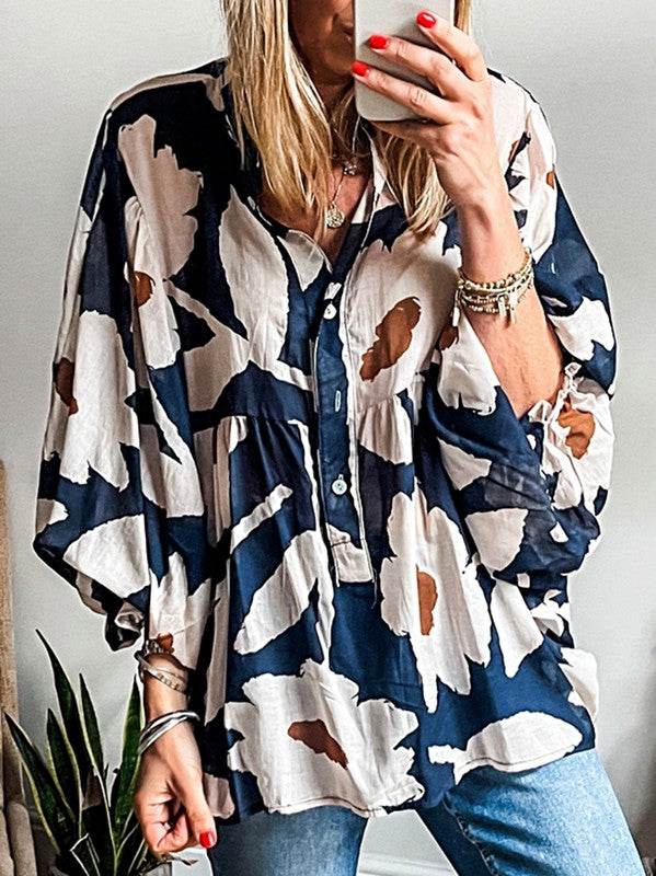 60s Flower Frill Neck Loose Blouse