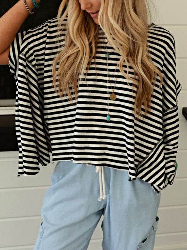 Cotton Striped Batwing Sleeve Oversized Top