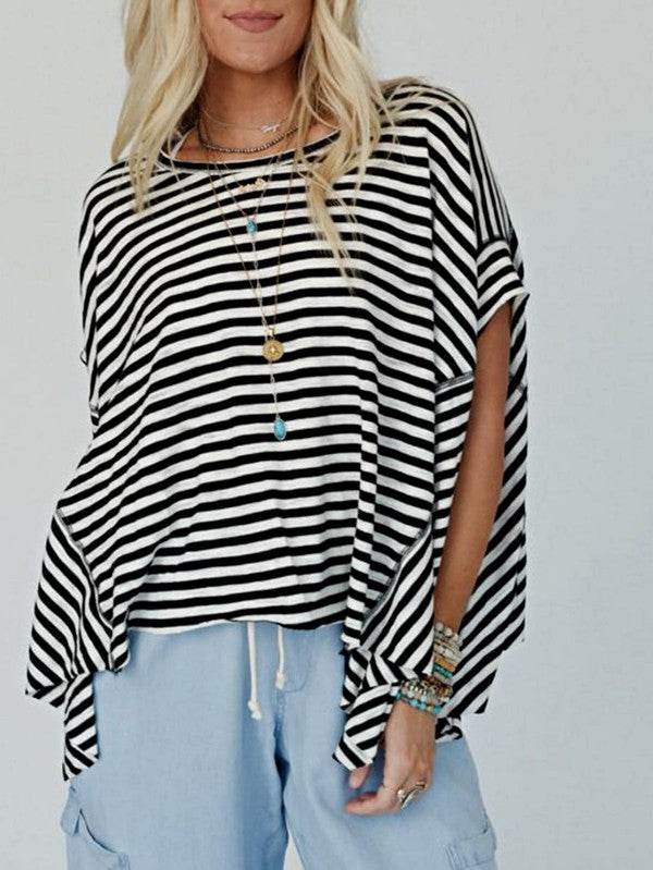 Cotton Striped Batwing Sleeve Oversized Top