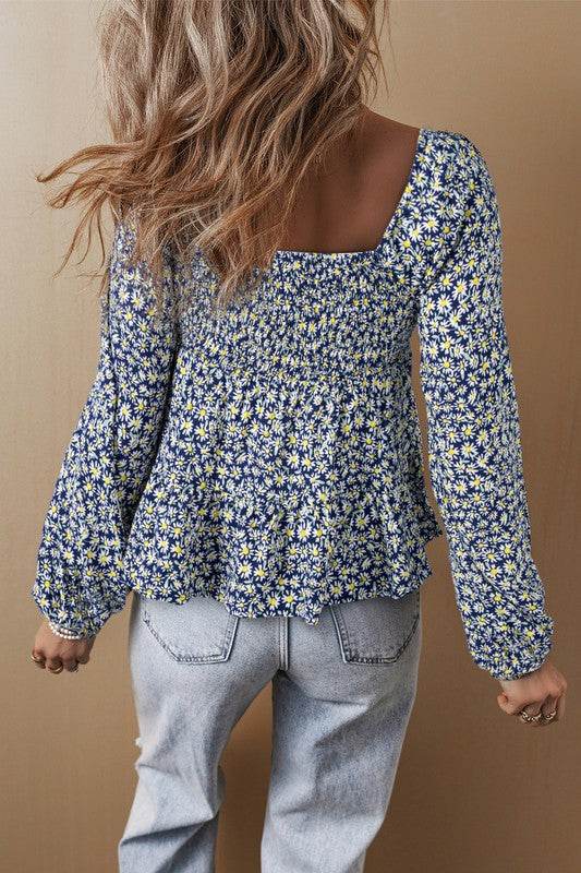 Floral Print Smocked Square Neck Loose Fit Blouse
