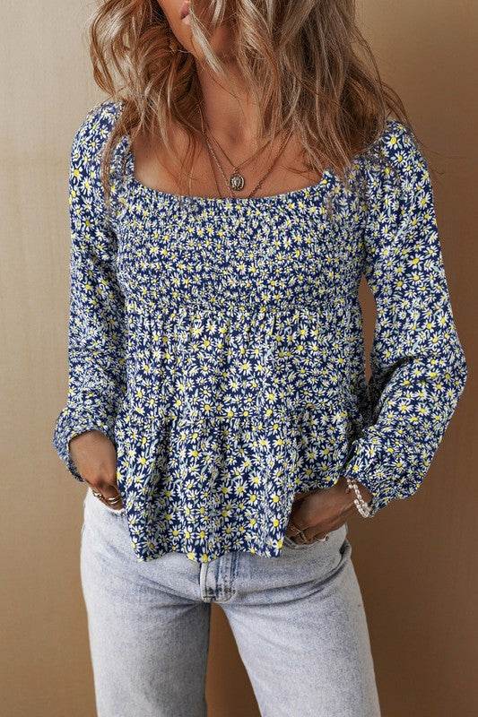 Floral Print Smocked Square Neck Loose Fit Blouse