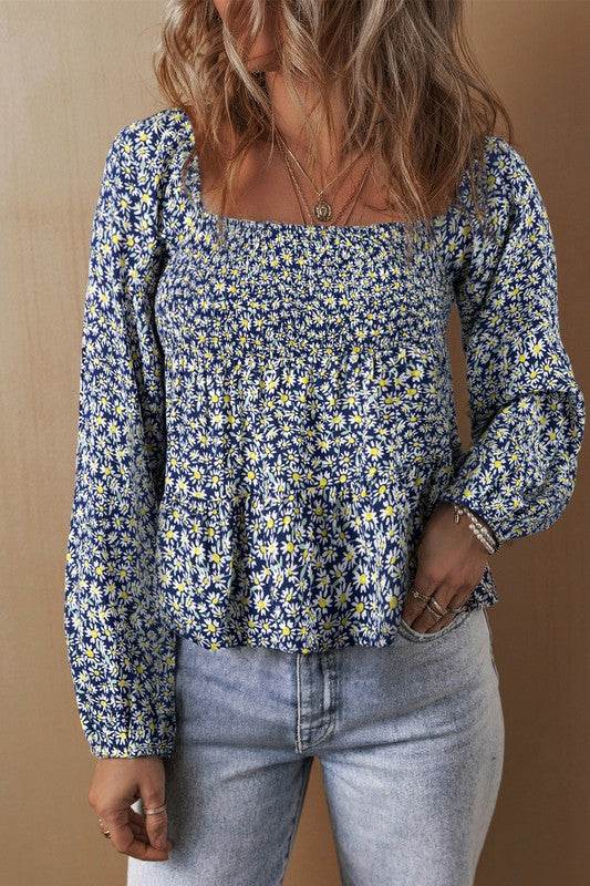 Floral Print Smocked Square Neck Loose Fit Blouse