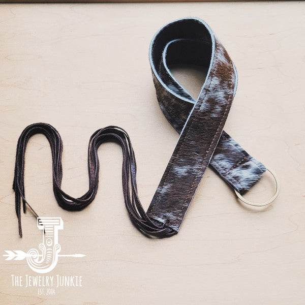 Brown&White Hide Leather Belt w/ Leather Fringe