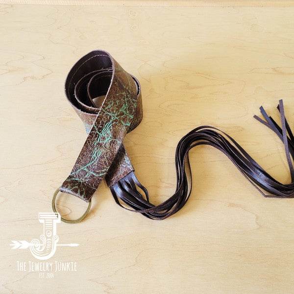 Turquoise & Brown Embossed Leather Belt w/ Fringe