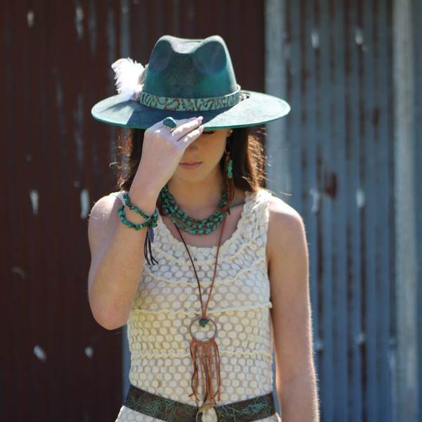 Turquoise & Brown Embossed Leather Belt w/ Fringe