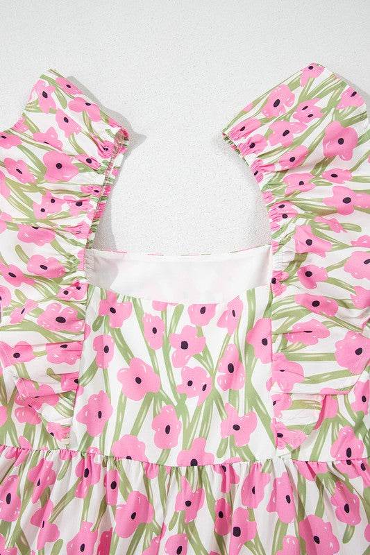 Pink Floral Square Neck Ruffled Strap Maxi Dress