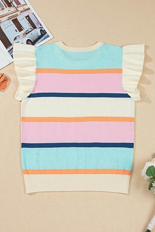 Striped Colorblock Flutter Sleeve Knit Top