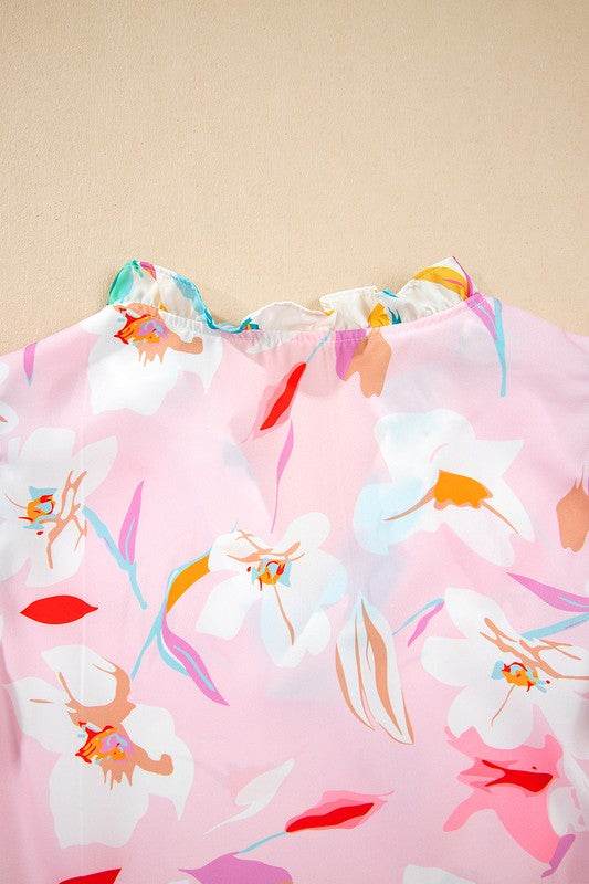 Floral Patchwork Frill Notched Neck Ruffle Blouse
