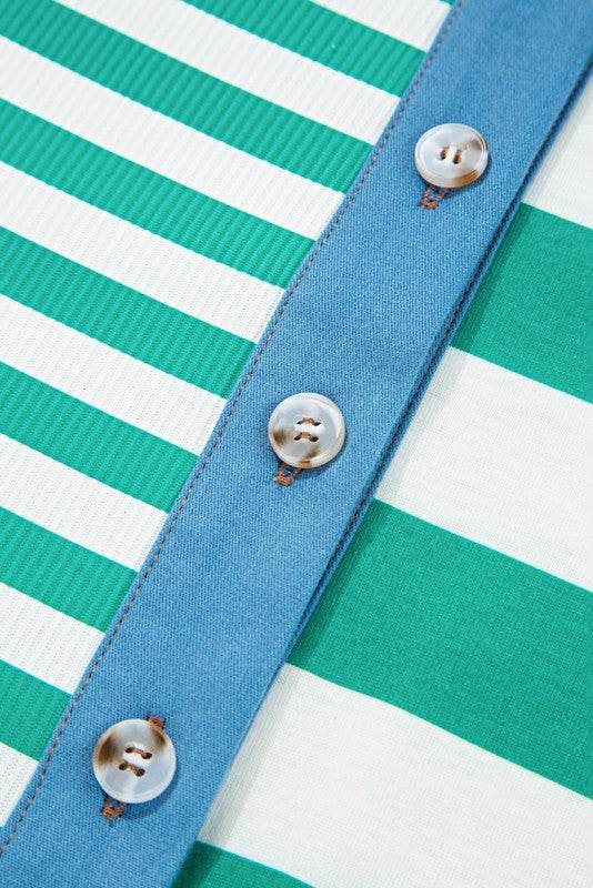 Green Stripe Color Collar Half Buttons T Shirt Top