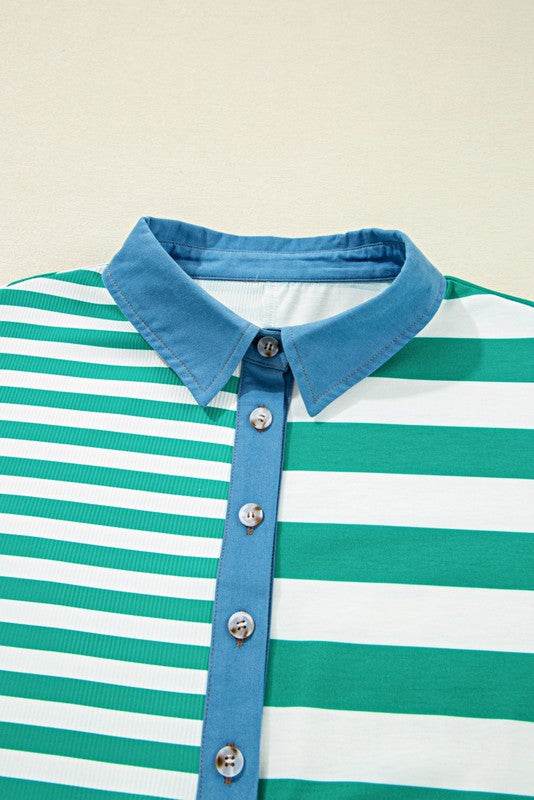 Green Stripe Color Collar Half Buttons T Shirt Top