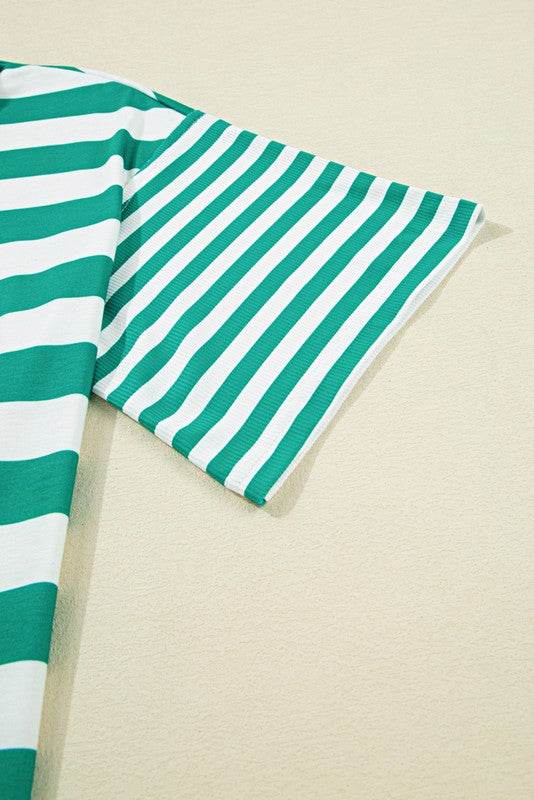Green Stripe Color Collar Half Buttons T Shirt Top