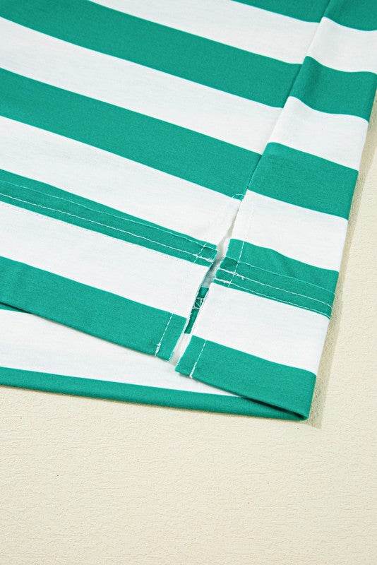 Green Stripe Color Collar Half Buttons T Shirt Top