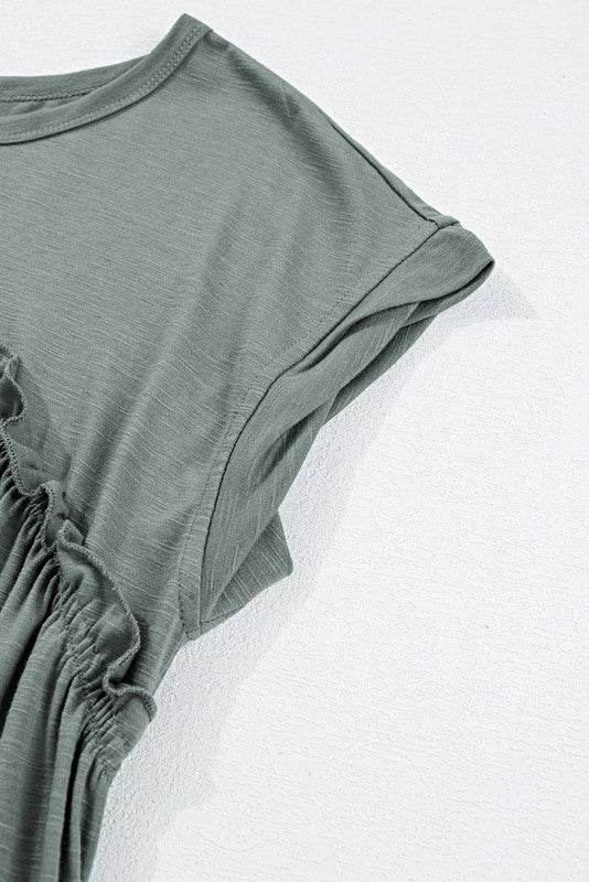 Viscose Green Frilled Seam Pocket T Shirt Dress