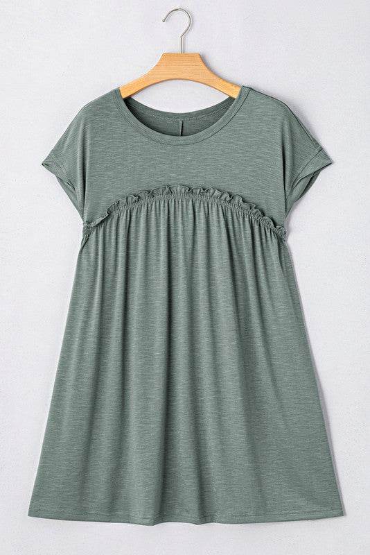 Viscose Green Frilled Seam Pocket T Shirt Dress
