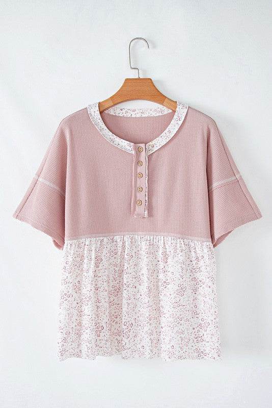 Cotton Pink Waffle Floral Patchwork Exposed Top