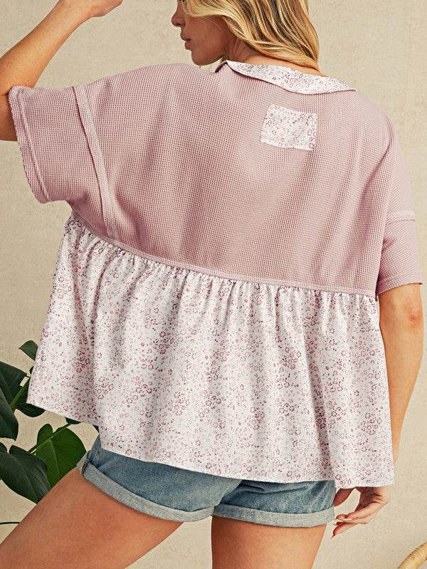Cotton Pink Waffle Floral Patchwork Exposed Top