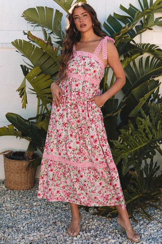 Pink Floral Lace Tied Strap Empire Waist Dress