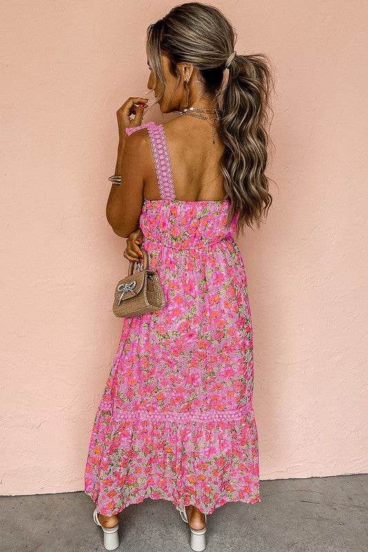 Pink Floral Lace Tied Strap Empire Waist Dress