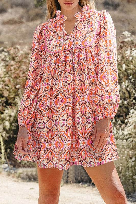Printed Long Sleeve Tied Neckline Mini Dress