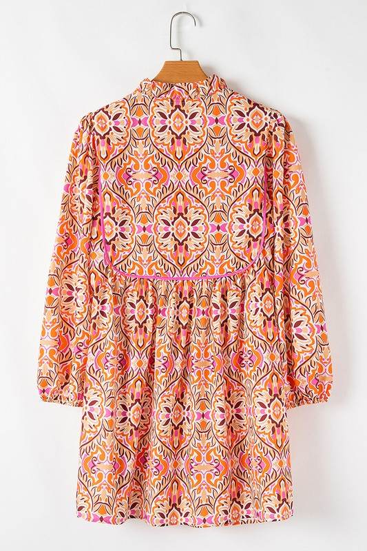 Printed Long Sleeve Tied Neckline Mini Dress