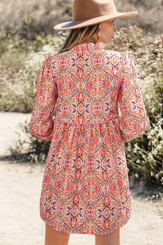 Printed Long Sleeve Tied Neckline Mini Dress