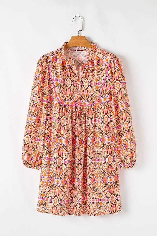 Printed Long Sleeve Tied Neckline Mini Dress