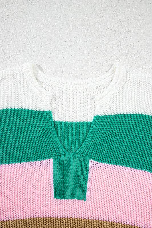 Cotton Colorblock Notch V Neck Knit T Shirt