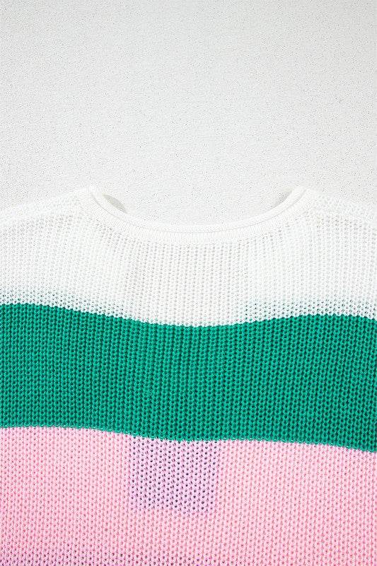 Cotton Colorblock Notch V Neck Knit T Shirt