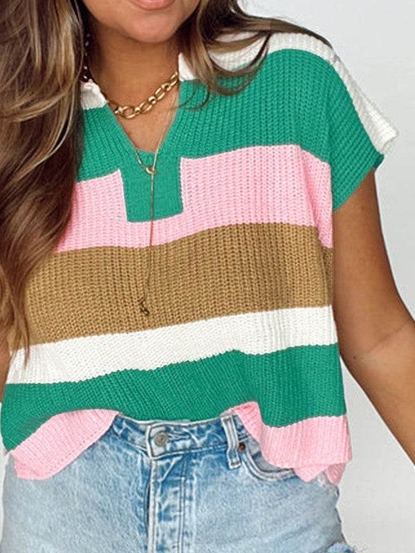 Cotton Colorblock Notch V Neck Knit T Shirt