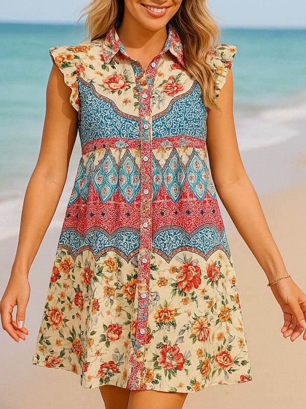 Rose Floral Ethnic Print Ruffle Mini Dress