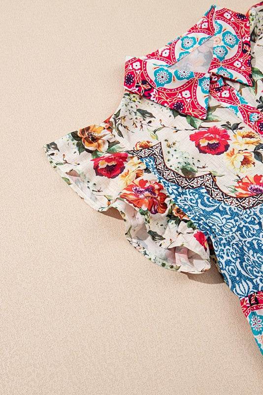 Rose Floral Ethnic Print Ruffle Mini Dress