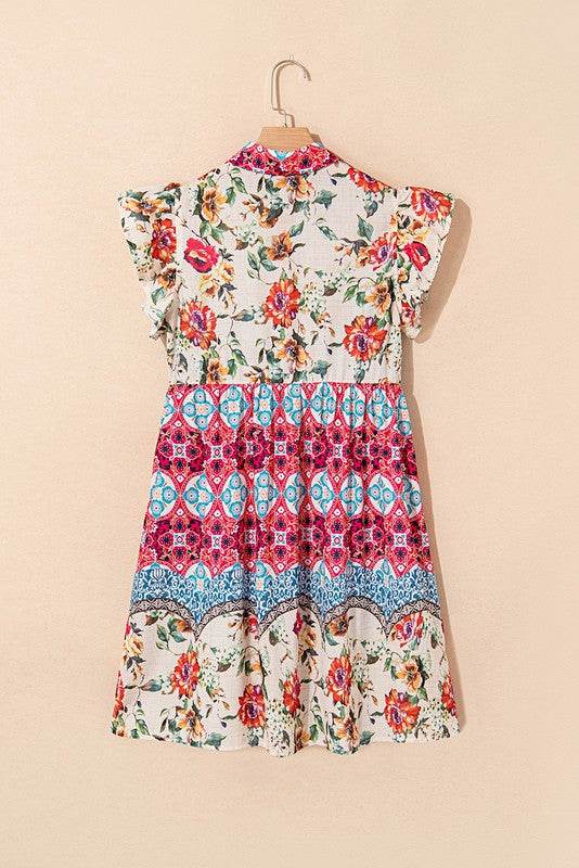 Rose Floral Ethnic Print Ruffle Mini Dress