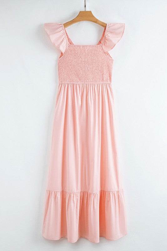 Cotton Flutter Smocked High Waist Ruffle Maxi