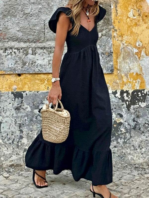 Cotton Flutter Smocked High Waist Ruffle Maxi
