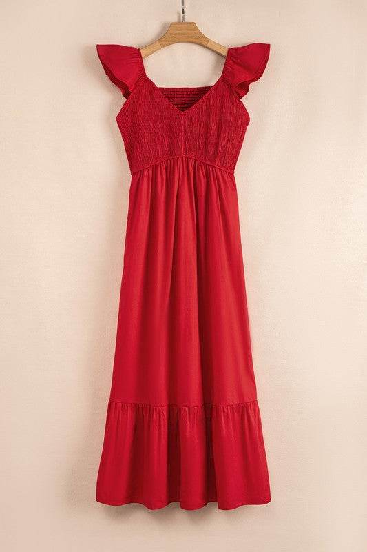 Cotton Flutter Smocked High Waist Ruffle Maxi