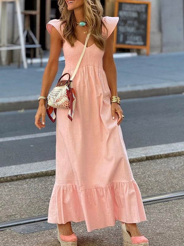 Cotton Flutter Smocked High Waist Ruffle Maxi