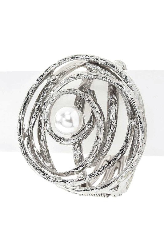 Pearl Accent Oversize Textured Hinged Bangle