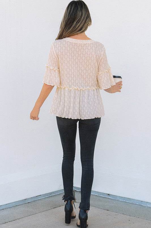 Beige Solid Color Ruffled Short Sleeve Blouse
