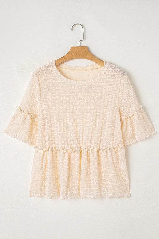 Beige Solid Color Ruffled Short Sleeve Blouse