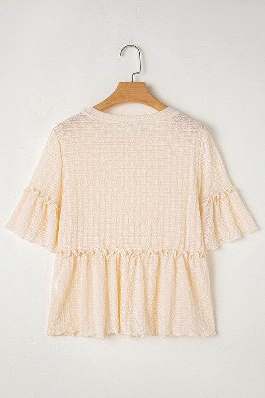 Beige Solid Color Ruffled Short Sleeve Blouse