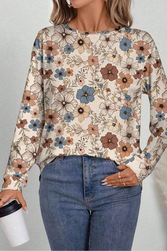 Floral Print Loose Crew Neck Long Sleeve T Shirt