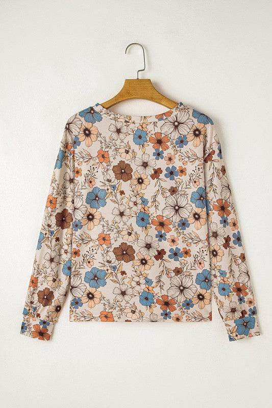 Floral Print Loose Crew Neck Long Sleeve T Shirt