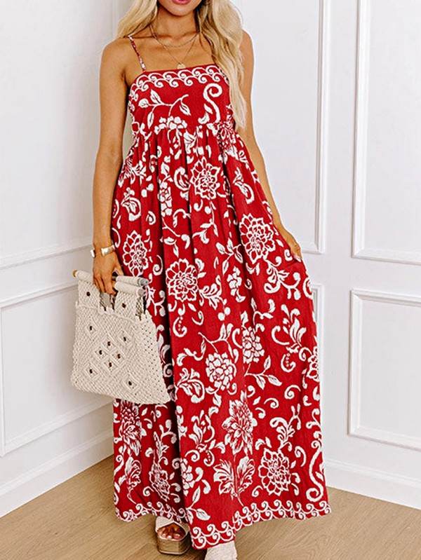 Red Floral Spaghetti Strap Empire Waist Maxi Dress