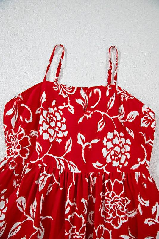 Red Floral Spaghetti Strap Empire Waist Maxi Dress